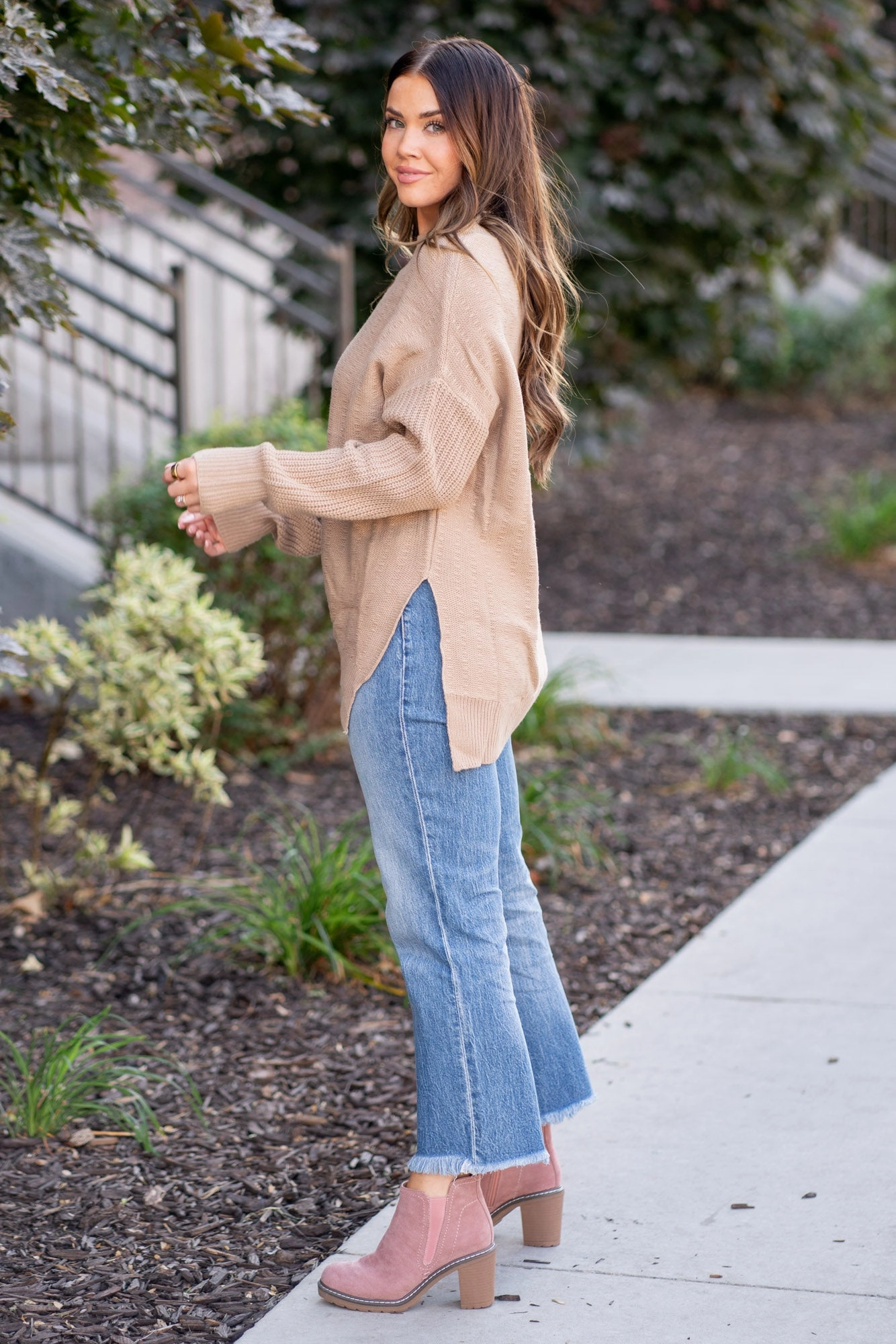 Full Size Side Slit Texture Asymmetric Sweater Cozy Wear Fit