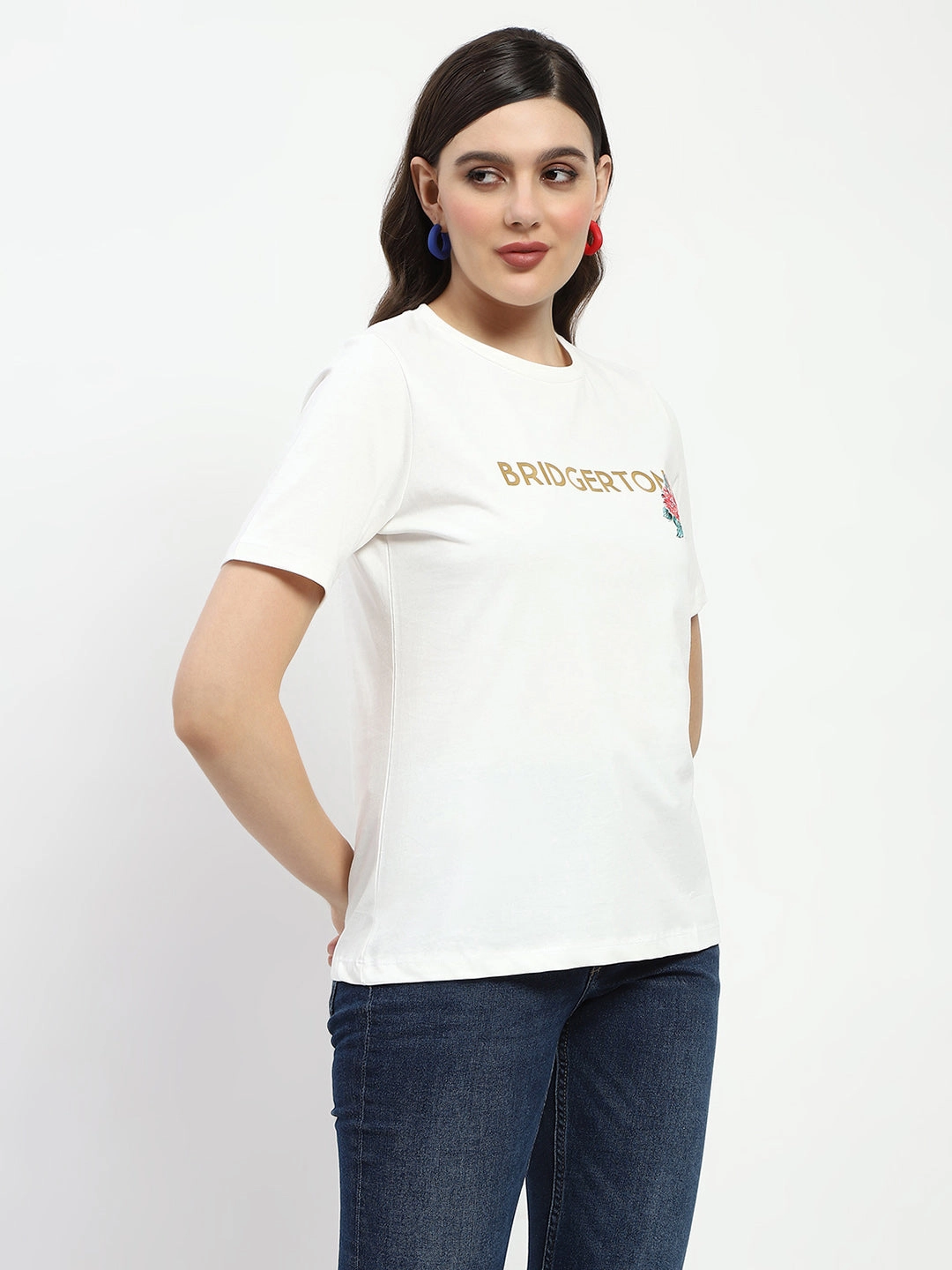 Soft Wool Sustainable Manufacturing Madame Bridgerton Embossed Graphics White Cotton T-Shirt