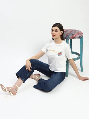 Quick Access Zipper Madame Bridgerton Embossed Graphics White Cotton T-Shirt