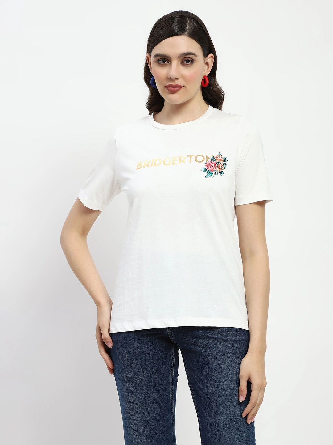 Madame Bridgerton Embossed Graphics White Cotton T-Shirt Reinforced Hemline NonToxic Certification