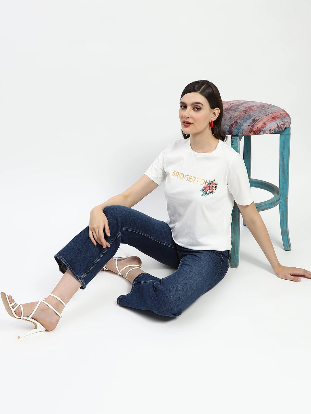 Quick Access Zipper Madame Bridgerton Embossed Graphics White Cotton T-Shirt