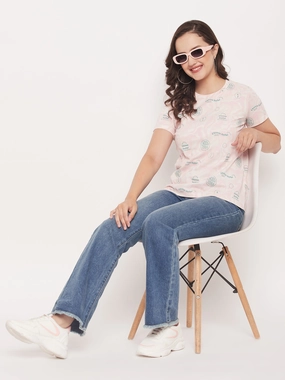 Reflective Trim Details Madame Peach Round Neck Printed Cotton T-Shirt