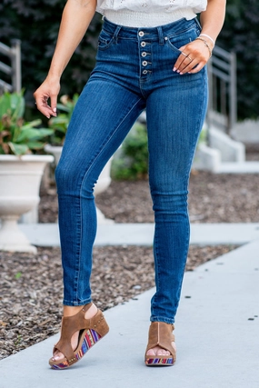 KanCan Morgan High Rise Button Fly Skinny Jeans Dark Blue Modern Minimalist Creative Look Elegant Vibrant Textured