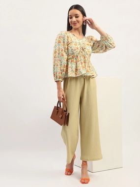 Madame Ruched Tie- Front Floral Printed Ivory Top StretchFabric Anti Pilling