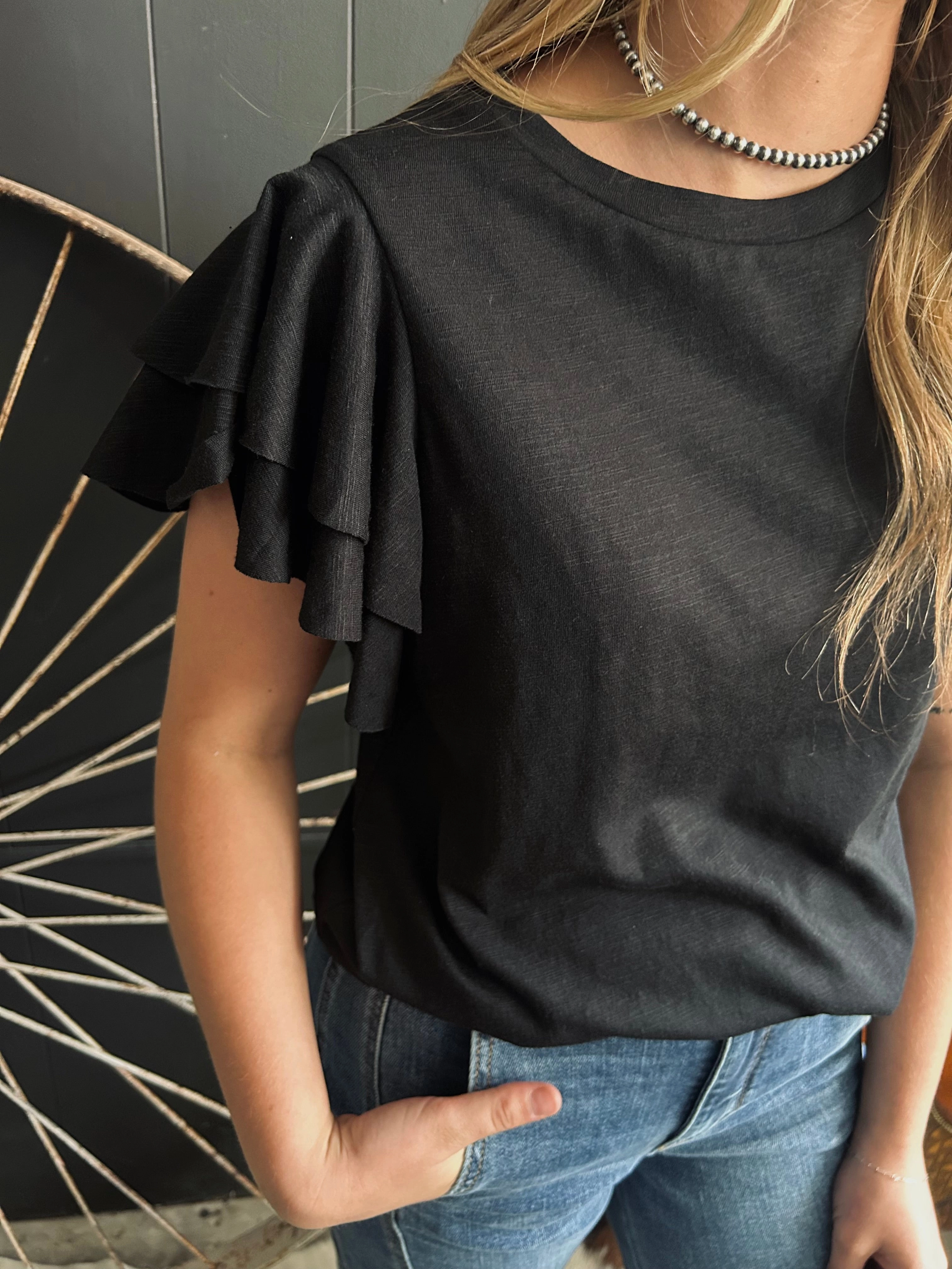 Western Layered Ruffle Short Sleeve Round Neck Top-3 Colors UltraSoft Lining Bold Patterns