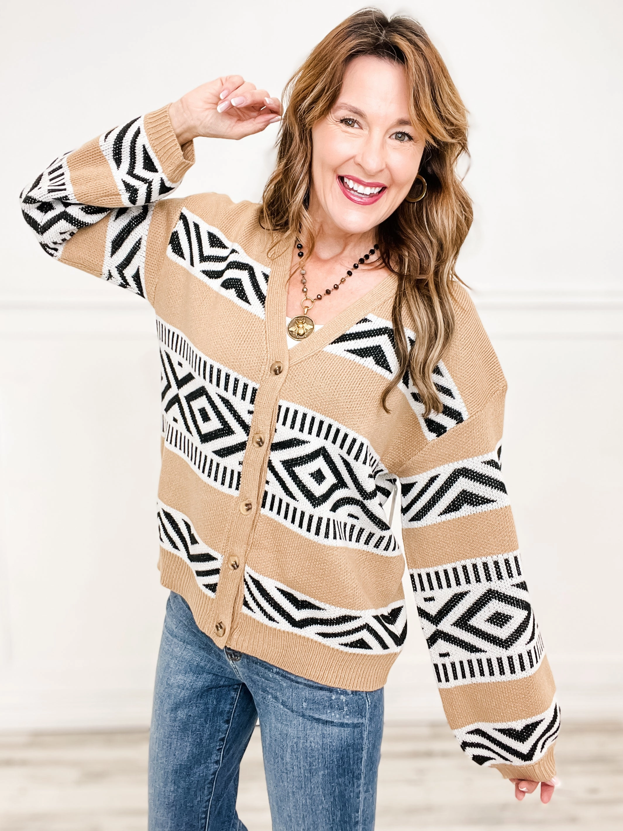 Winter Ready Knit Geometric Design Open Front Cardigan Sweater