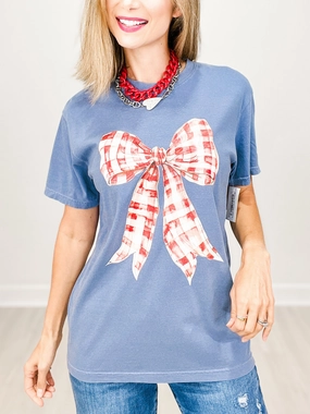 Distressed Texture Yarn Dyed Pattern Cloth Gingham Bow Patriotic Graphic Tee