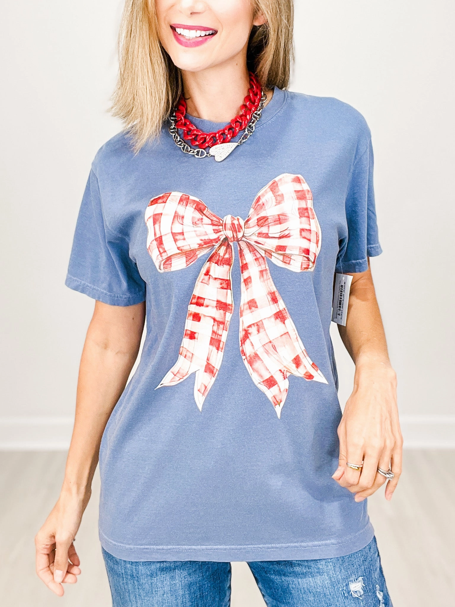 Distressed Texture Yarn Dyed Pattern Cloth Gingham Bow Patriotic Graphic Tee