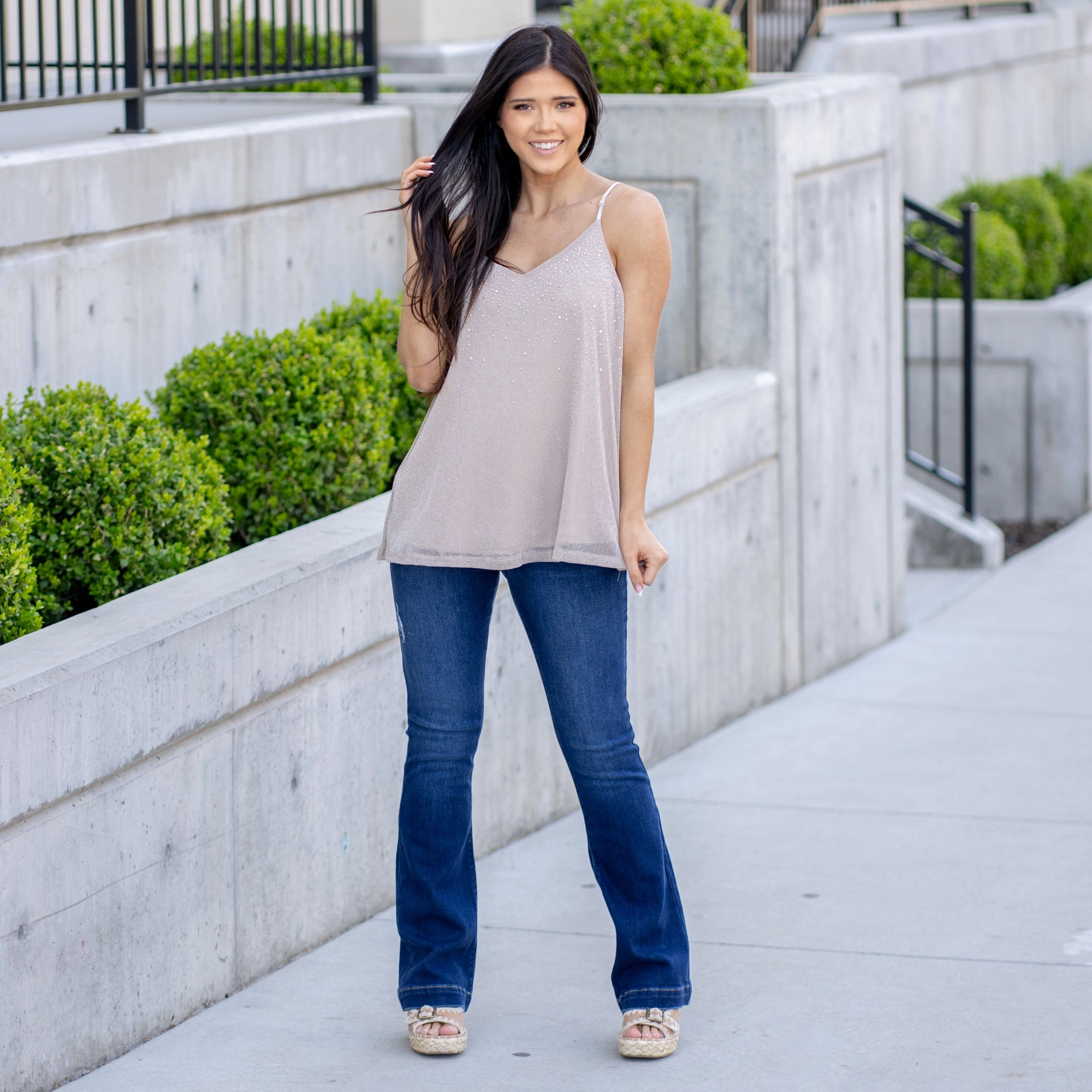 Black Tie Optional Glitter Mesh Tank Top - Tan