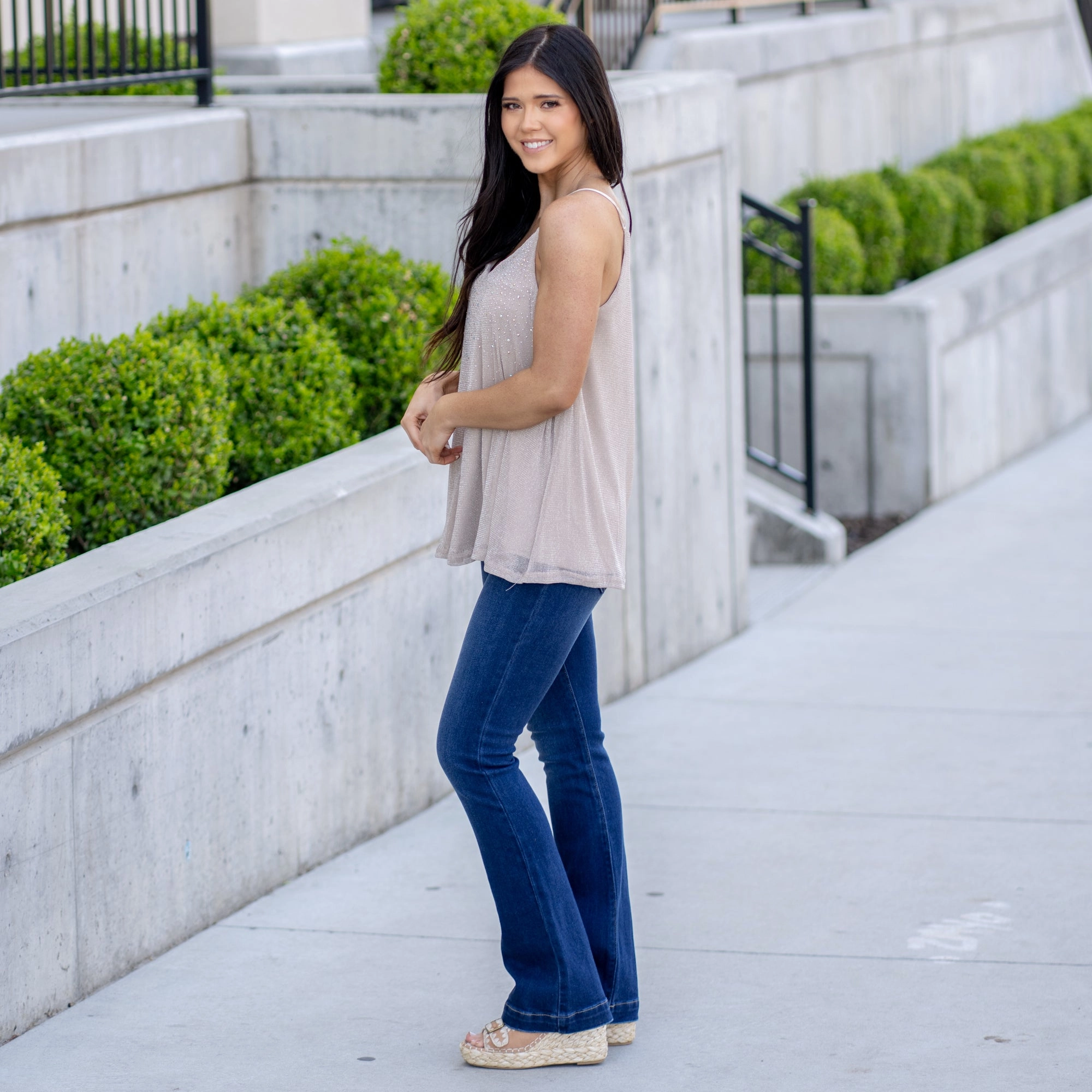 Glitter Mesh Tank Top - Tan Polished Look