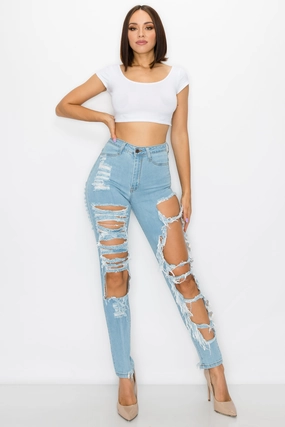 40074 Women's Super High Waisted Distressed Skinny Jeans with Cut Outs Textured Smart Casual Road Trip