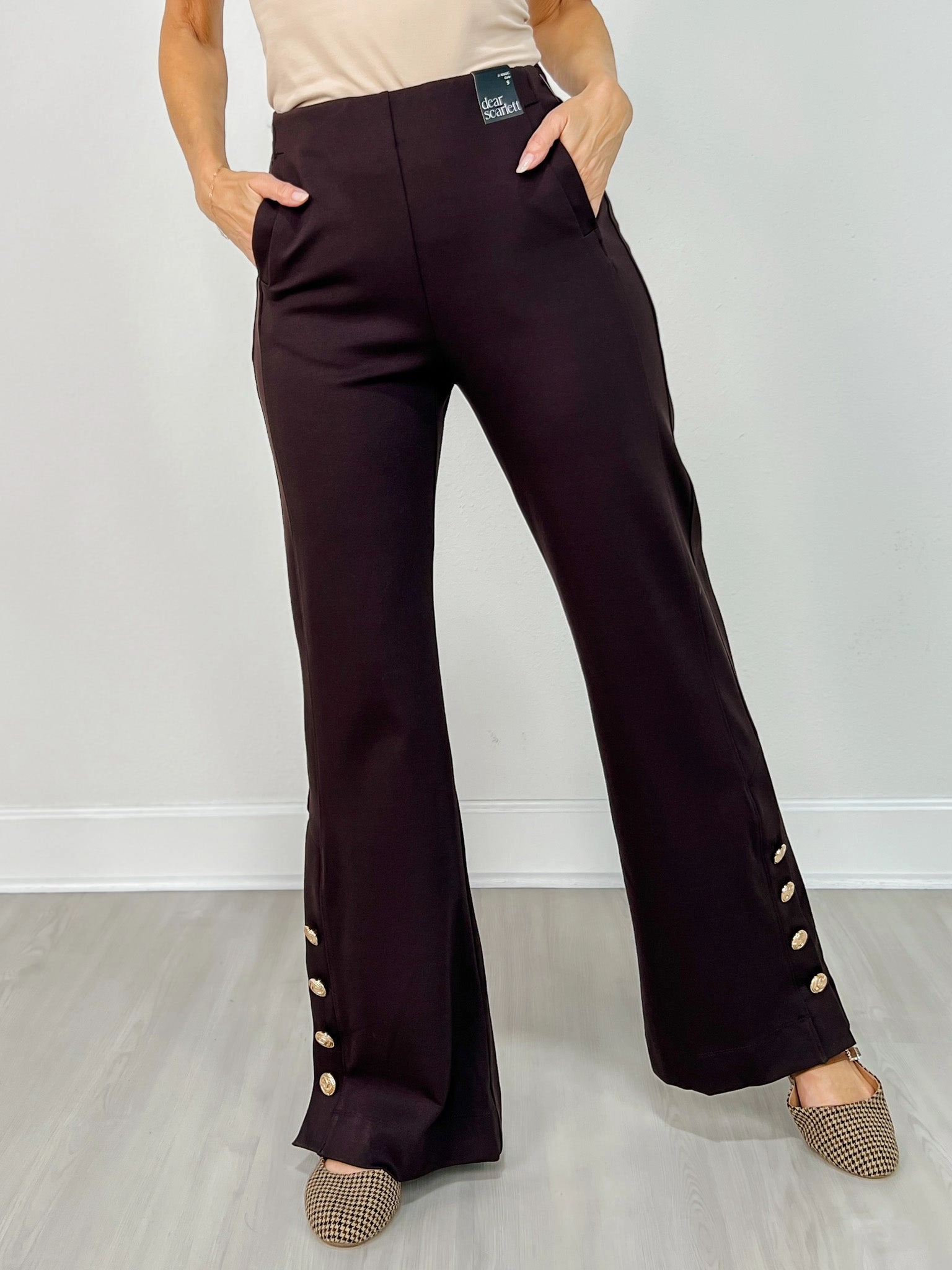All Season Fit Gold Button Hem Gala Pants with Side Pockets in Chocolate