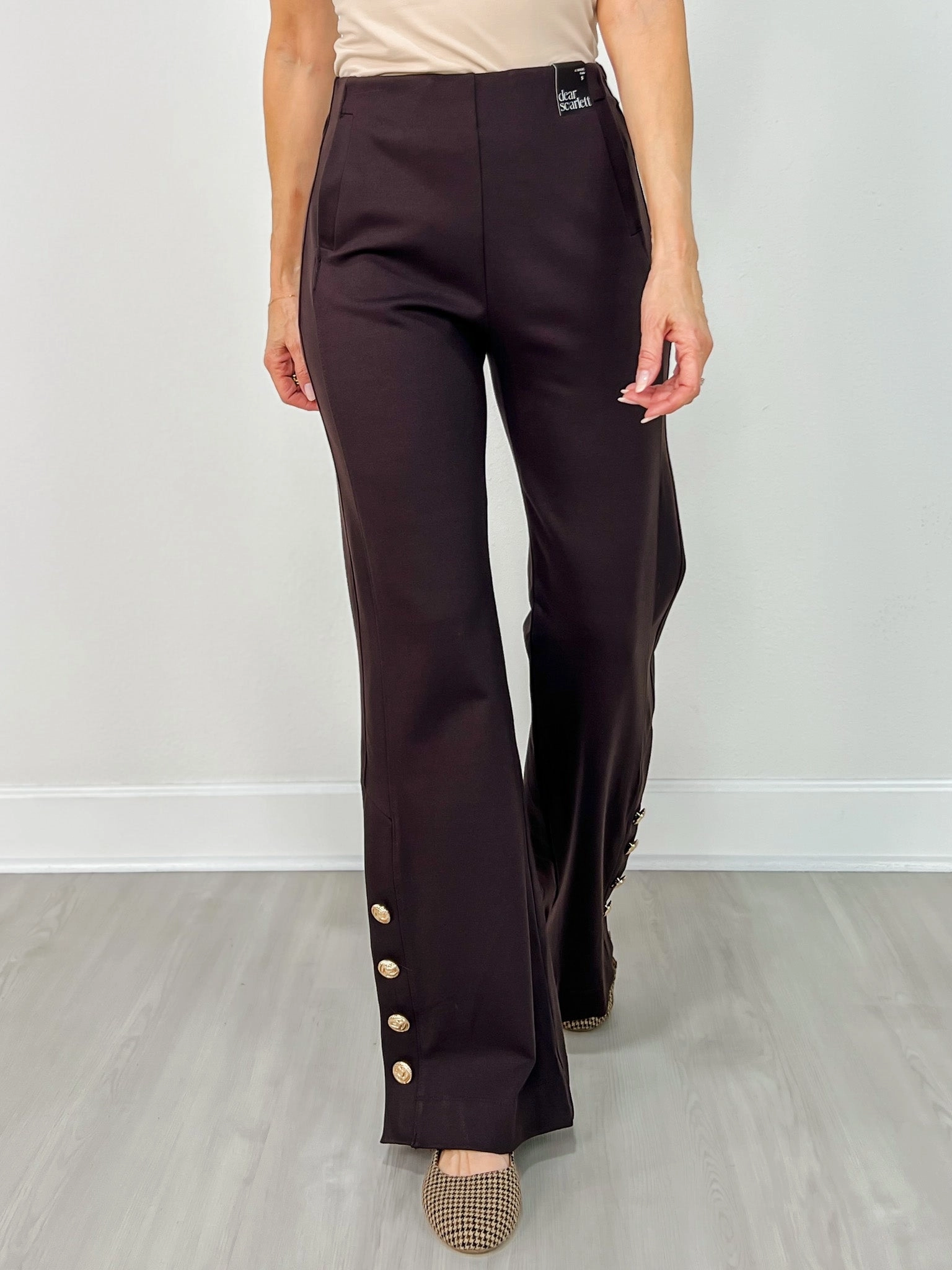 Gold Button Hem Gala Pants with Side Pockets in Chocolate Workout-ready