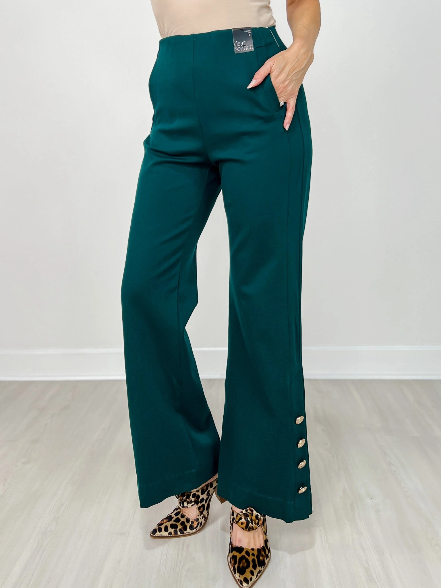 Soft and Light Gold Button Hem Gala Pants with Side Pockets in Hunter Green