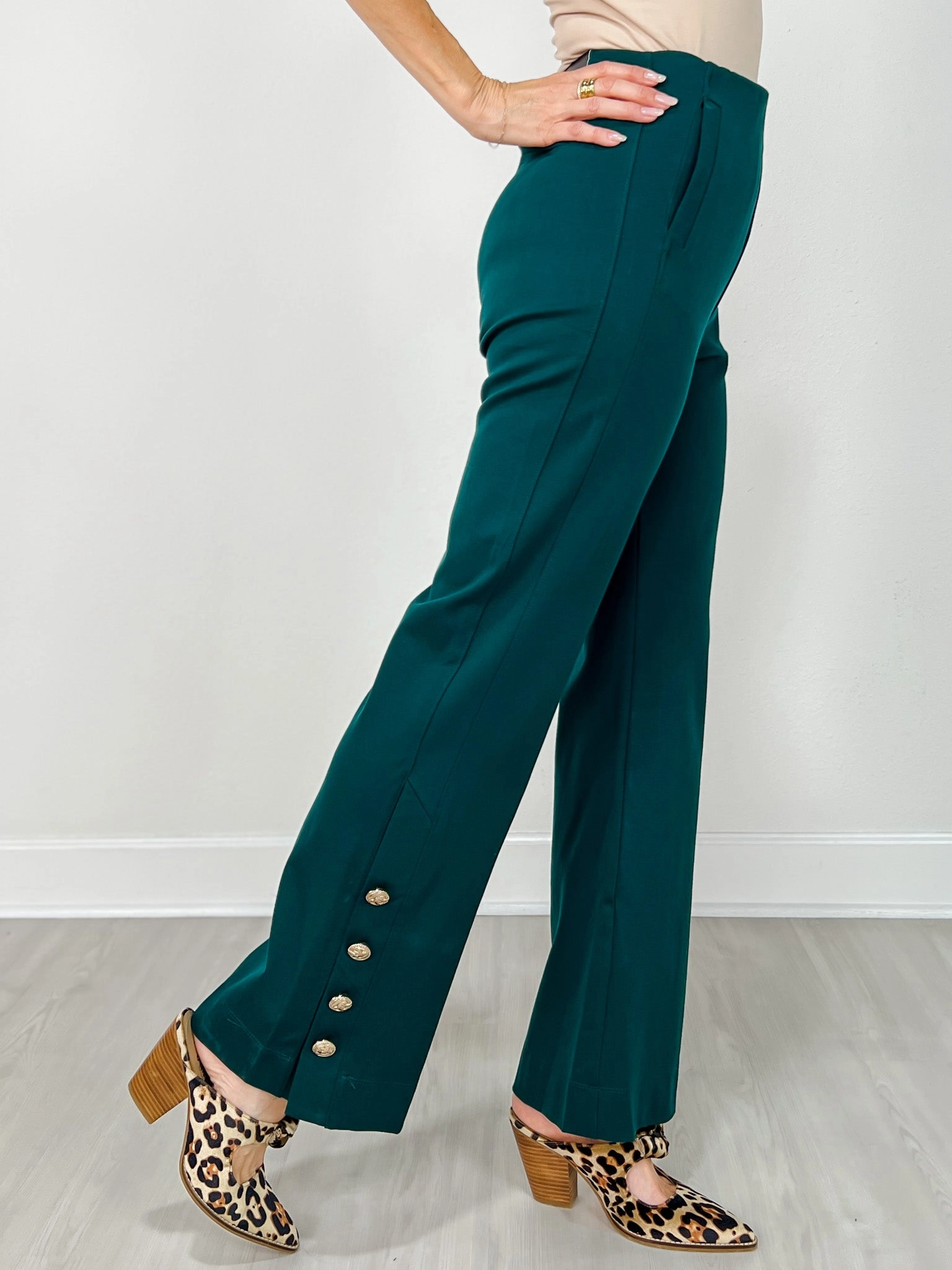 Flex Fit Design Gold Button Hem Gala Pants with Side Pockets in Hunter Green