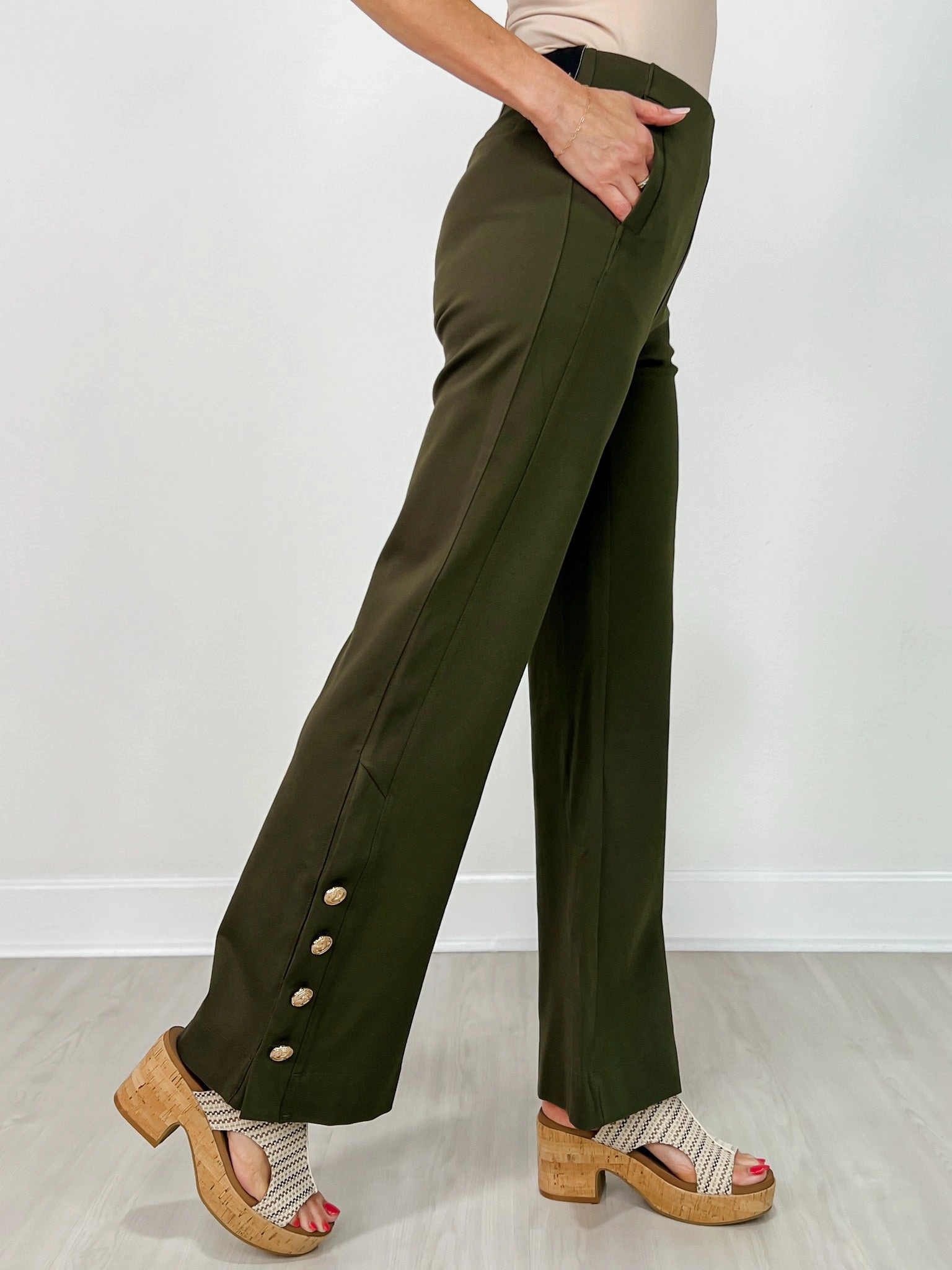 Gold Button Hem Gala Pants with Side Pockets in Olive Soft and Stretchy