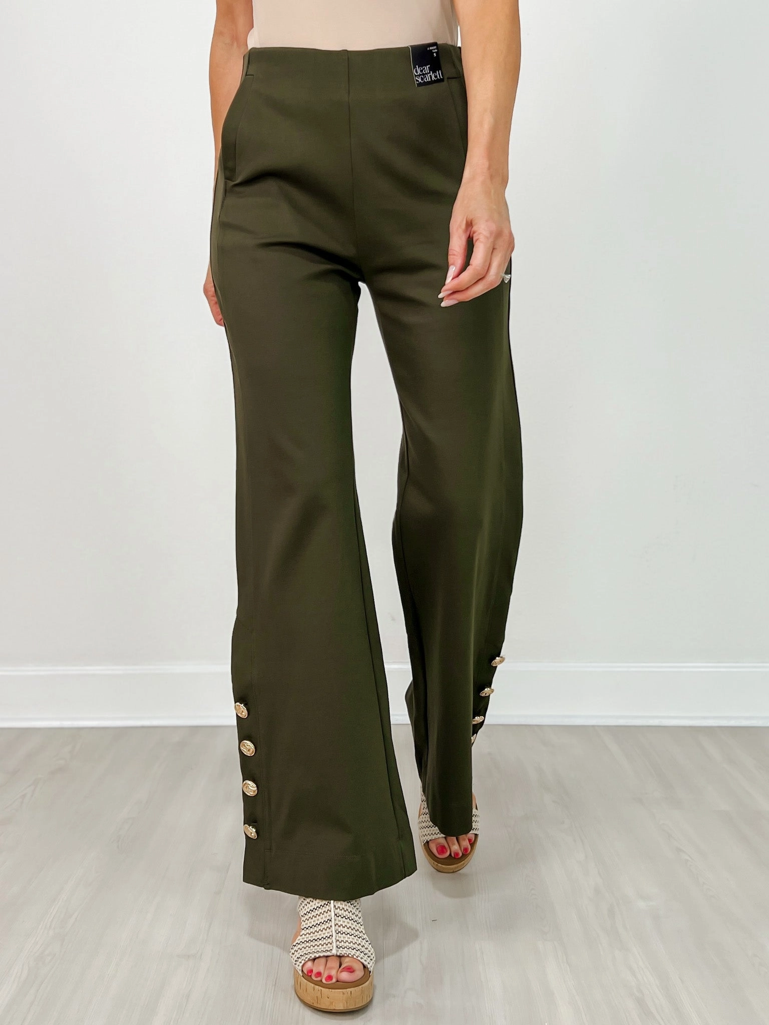 Essential Waist Gold Button Hem Gala Pants with Side Pockets in Olive