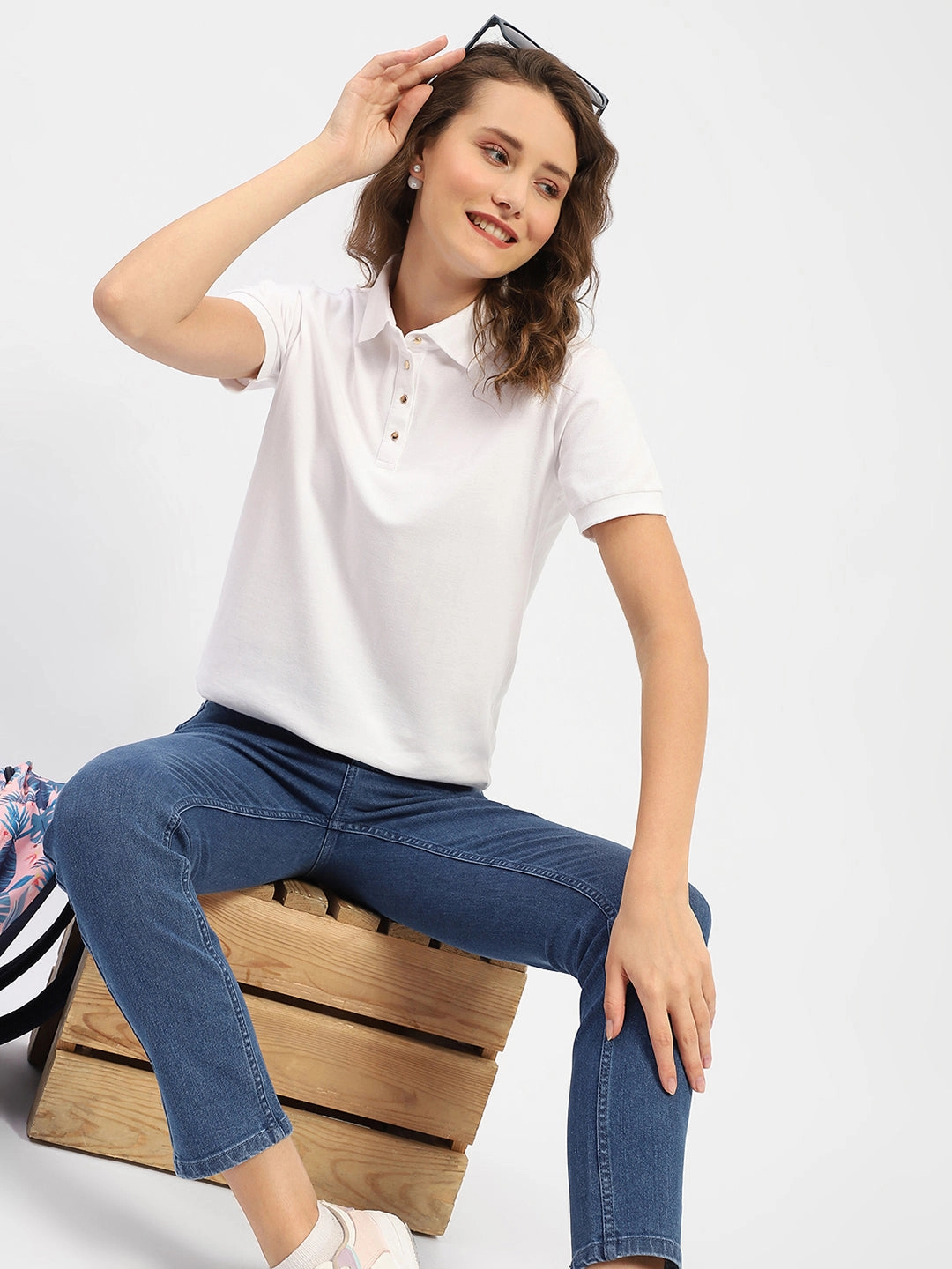 Madame White Polo Neck Solid Cotton T-Shirt Contrast Stitch Reflective details