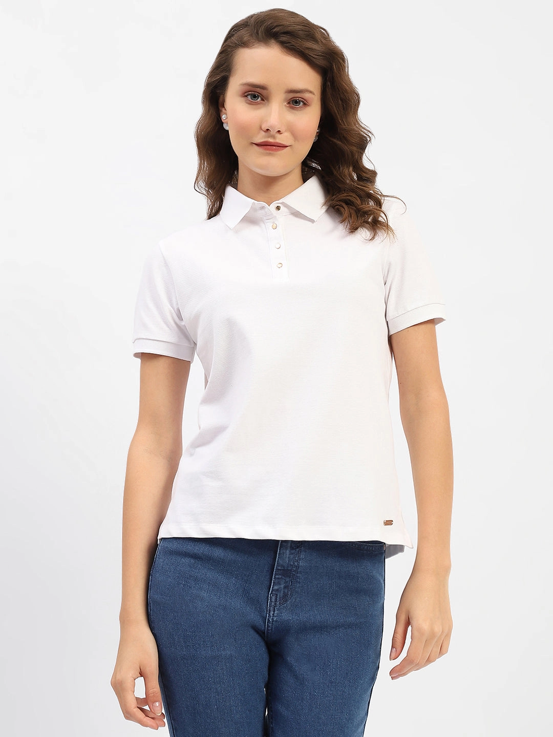 SleevelessOption Ventilated Panel Design Madame White Polo Neck Solid Cotton T-Shirt
