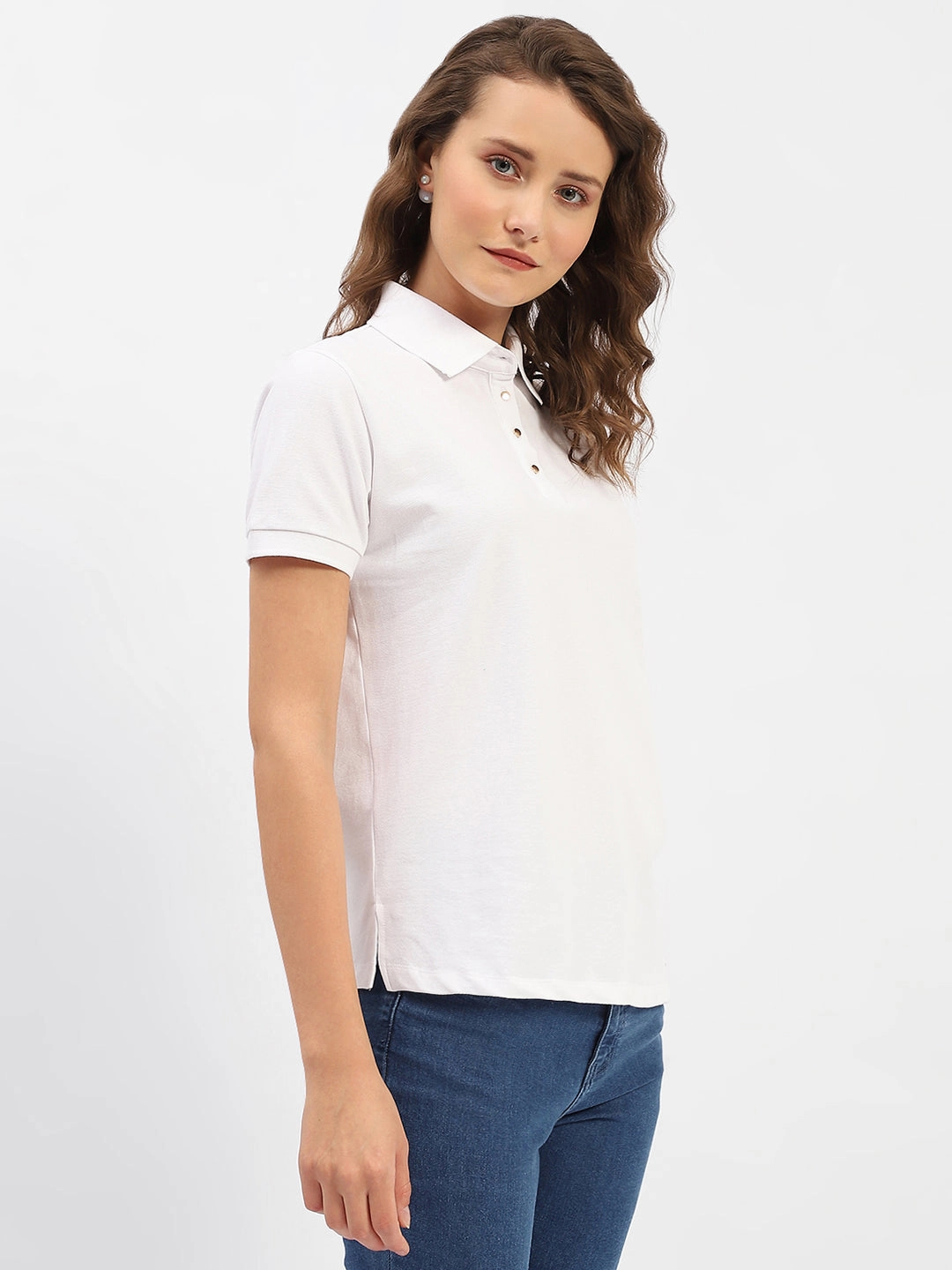 Sporty Top Madame White Polo Neck Solid Cotton T-Shirt