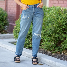 Judy Blue Revival Mid Rise Boyfriend Patch & Repair Jeans Regular & Plus Sizes Street Smart Travel Outfit Evening Stroll Minimalist