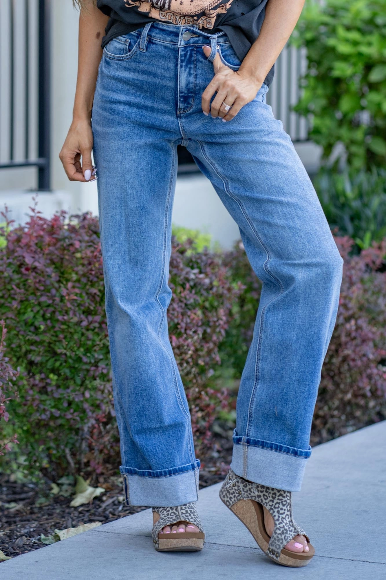 Soft Finish Hailey Tummy Control Top High Rise Cuff Wide Leg Jeans