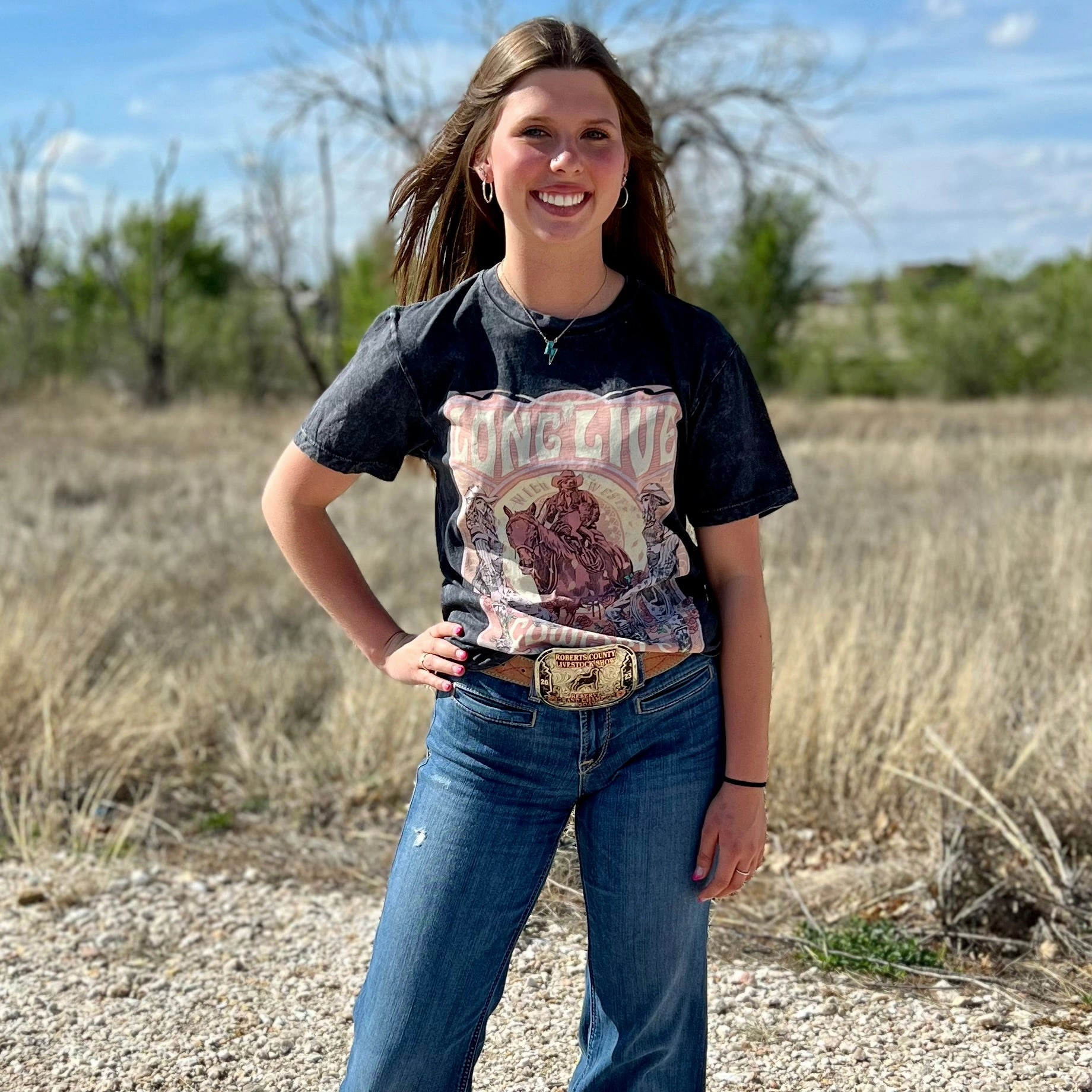 Hand Drawn Cowgirl's Graphic Tee Sustainable Production Methods Contrast Stitching