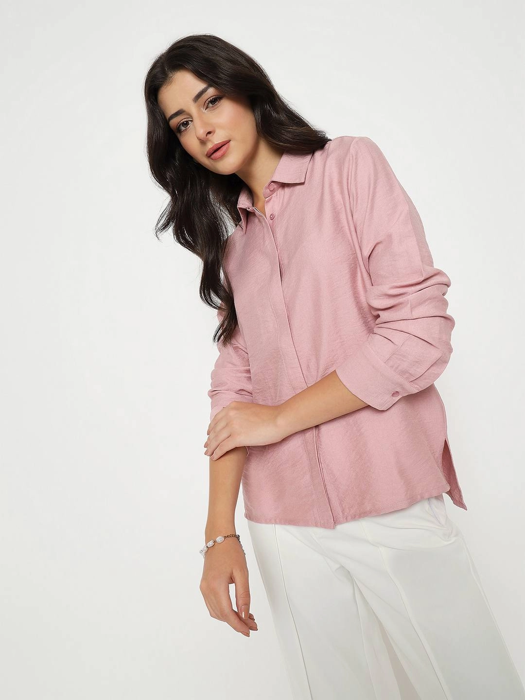 Anti Pilling Finish Static Dissipating Fiber Madame Textured Solid Pink Rayon Blend Shirt