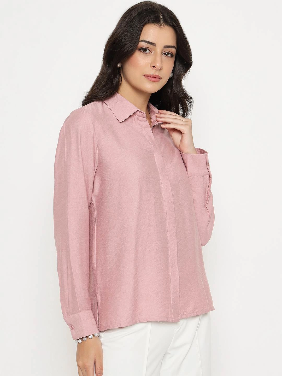 Madame Textured Solid Pink Rayon Blend Shirt Odorless Binding Tape Flexible Wear