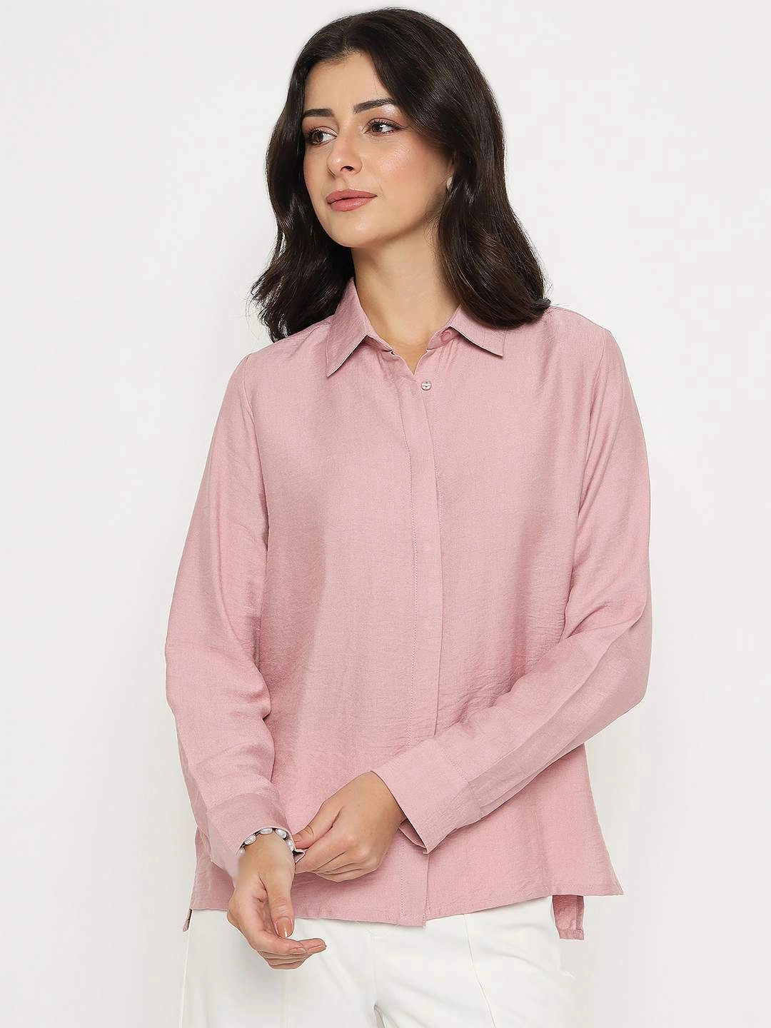 Madame Textured Solid Pink Rayon Blend Shirt Durable Buttons Urban Comfort