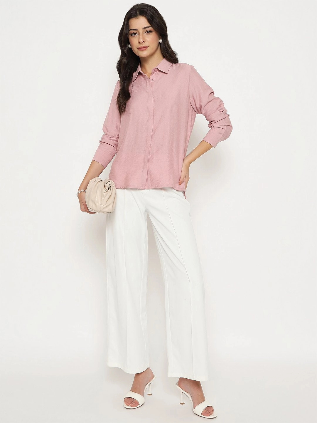 Madame Textured Solid Pink Rayon Blend Shirt Non Iron Fabric Tall Option