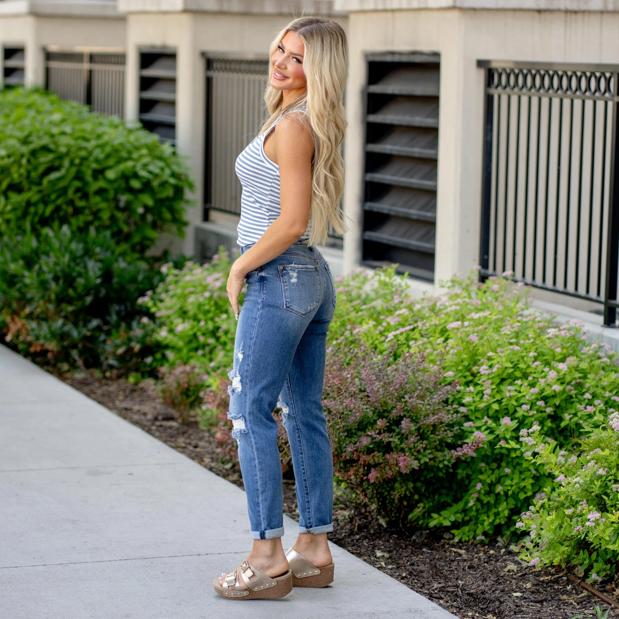 Harlow Mid Rise Distressed Boyfriend Regular & Plus Sizes Pre Shrunk Fabric