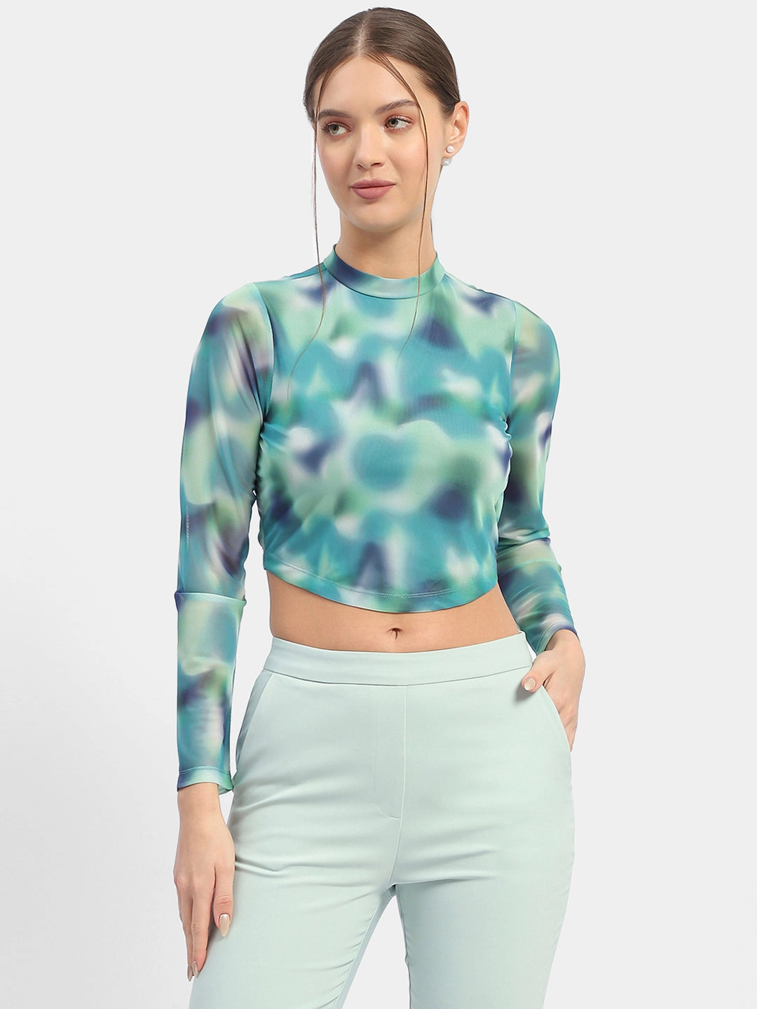 Madame Abstract Print Mint Green Asymmetrical Hem Top Anti Fade Technology Double Layered Fabric