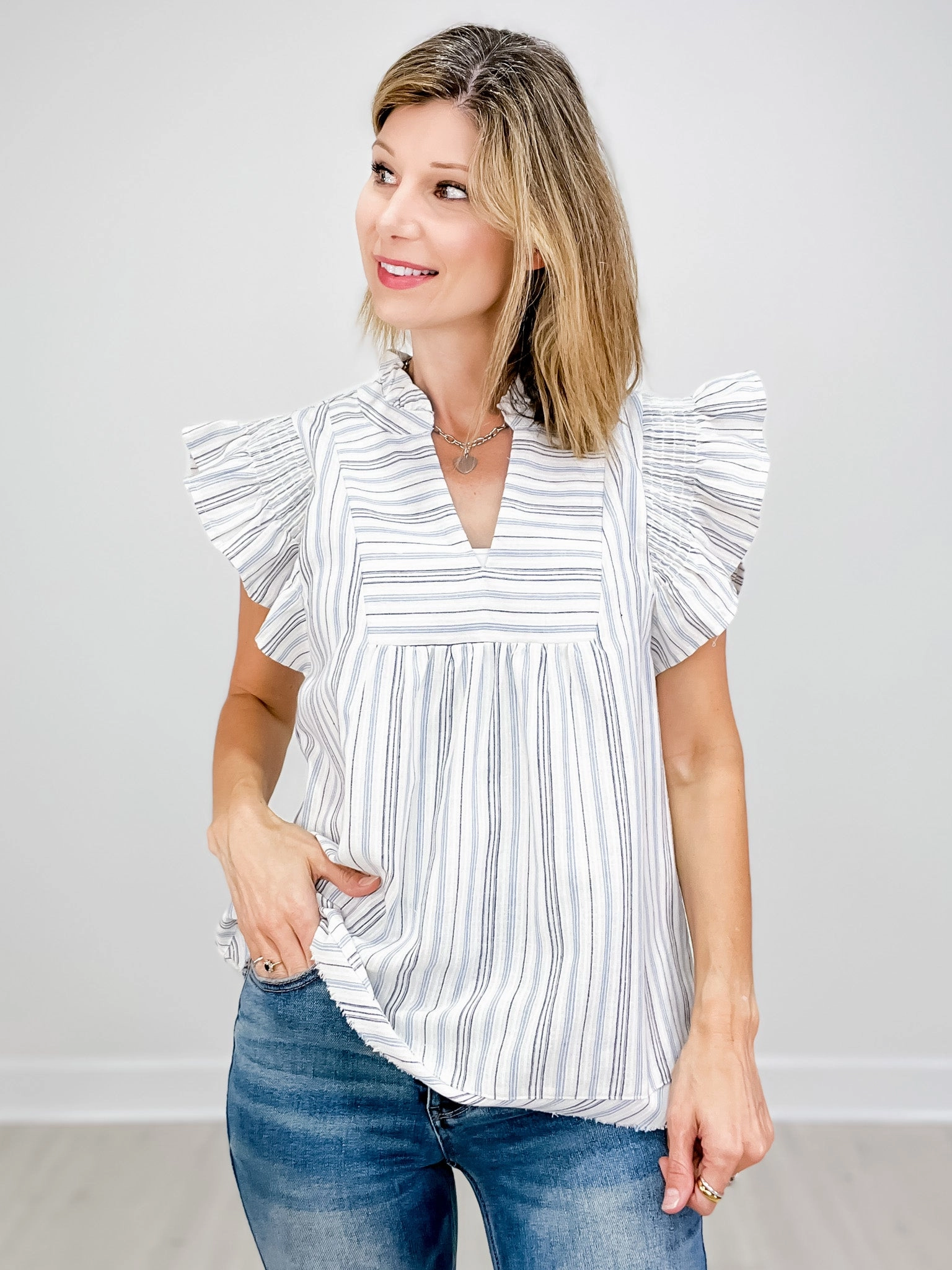 Ruffled Sleeve Striped V-Neck Baby Doll Top Self Fabric Tie Wear Resistant Edge