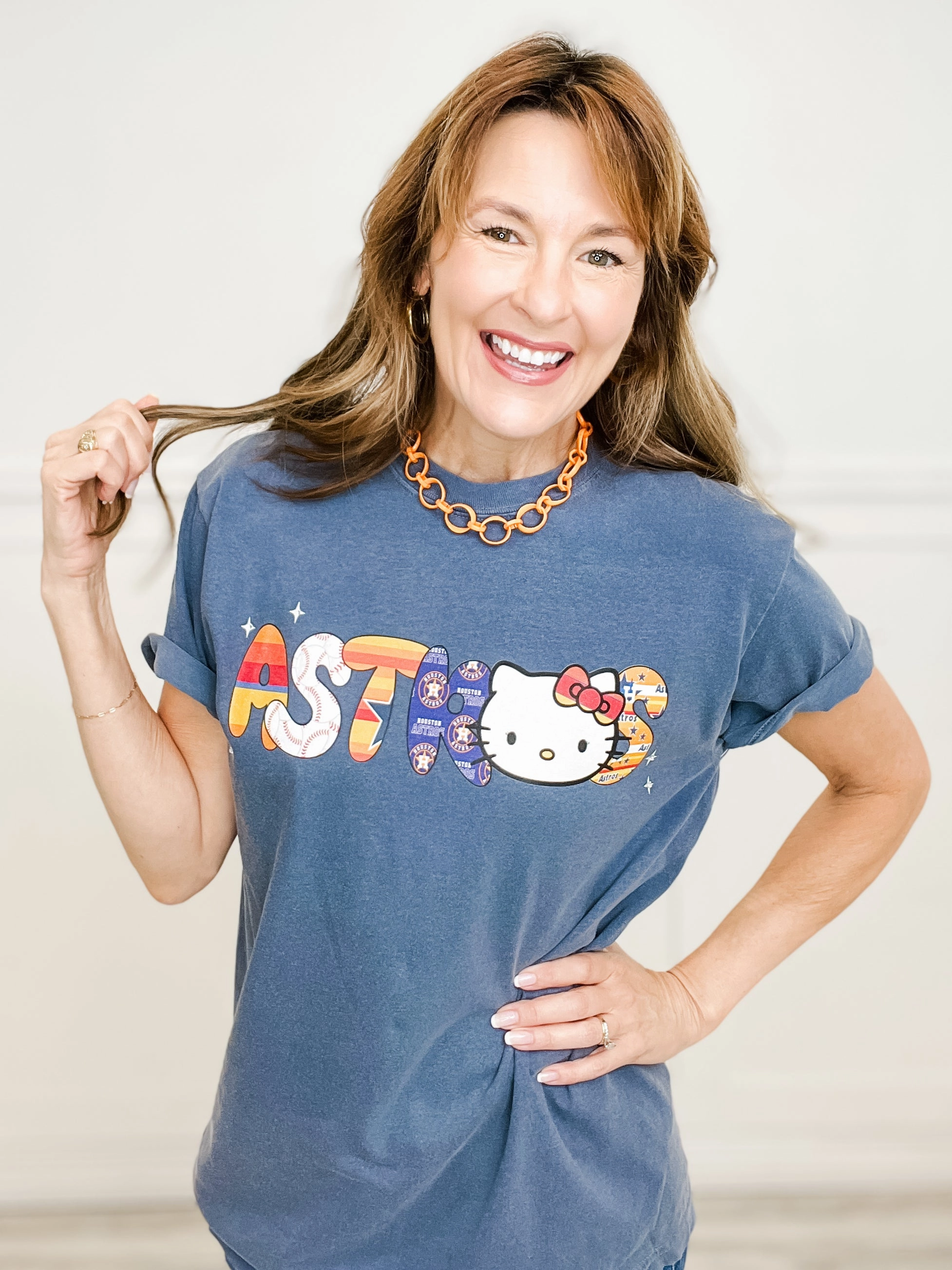 Hello Houston Baseball Rhinestone Graphic Tee Drop Shoulder Design