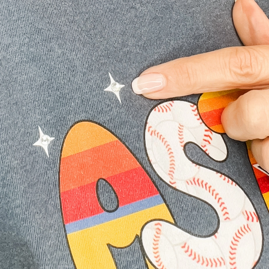 Hello Houston Baseball Rhinestone Graphic Tee Ribbed Collar Style