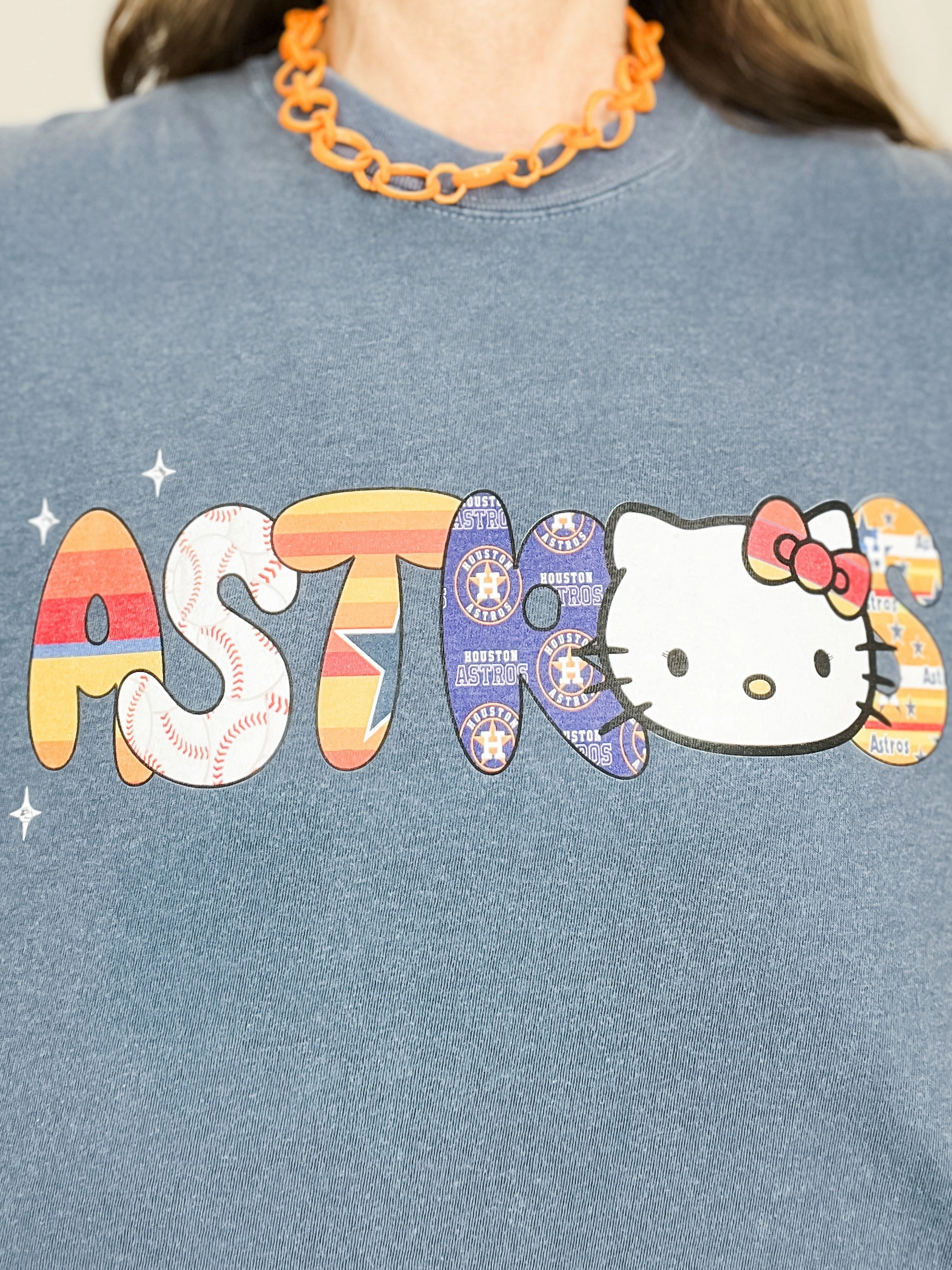 Hello Houston Baseball Rhinestone Graphic Tee ButterSoftTexture AntiPilling Technology