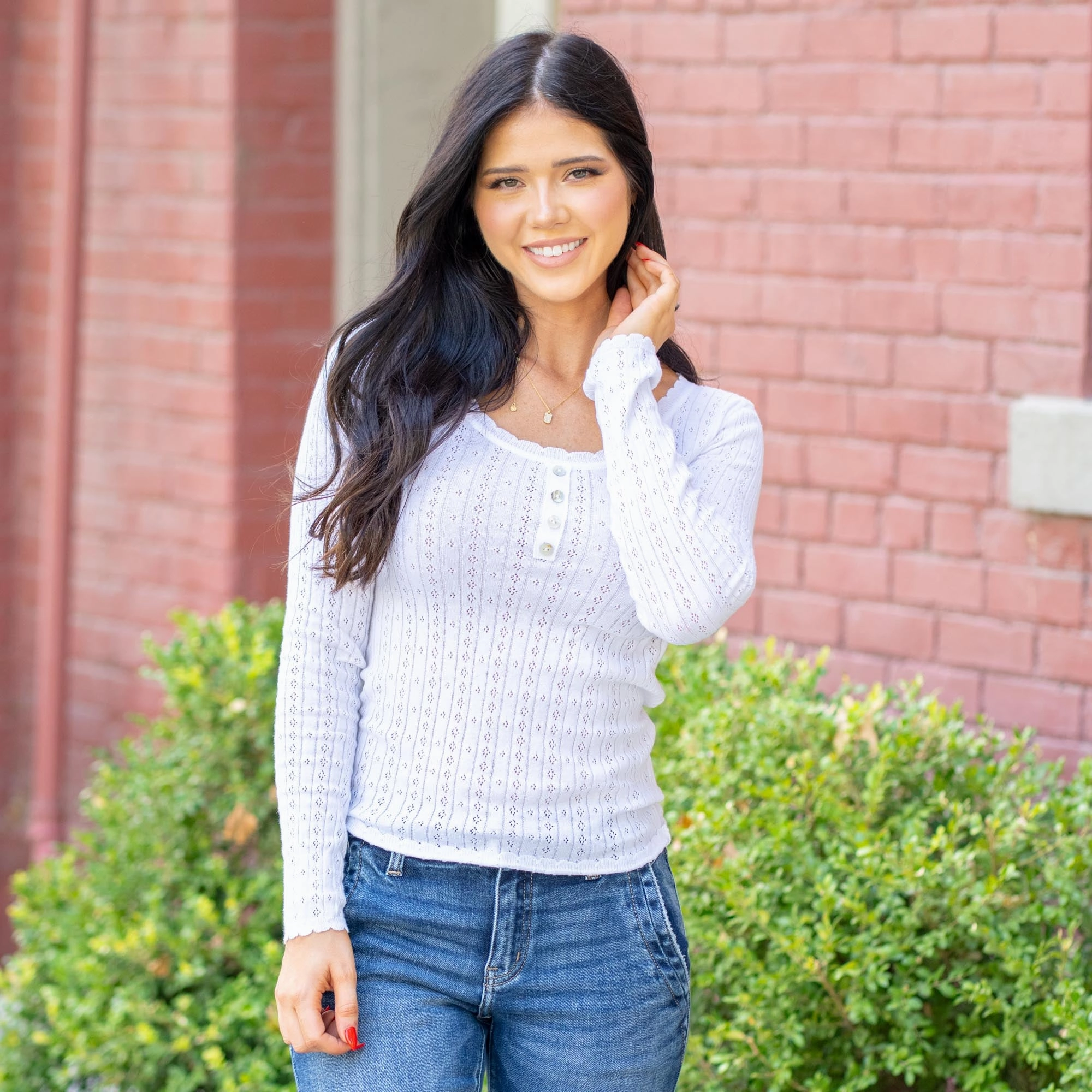 Hem & Thread Eloise Pointelle Knit Henley Sweater Top White Performance Comfort Stylish Design