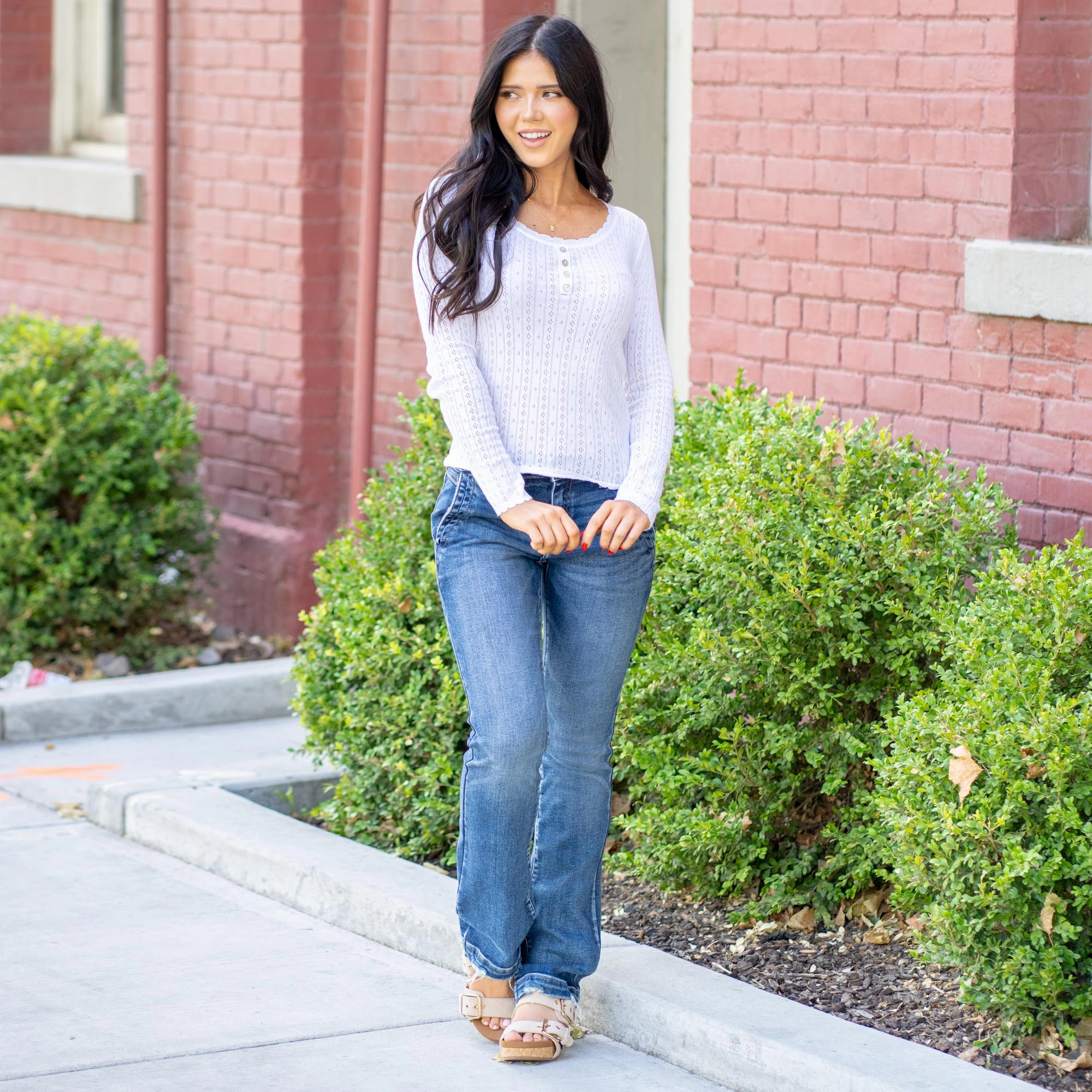 Light Layer UV Protective Coating Hem & Thread Eloise Pointelle Knit Henley Sweater Top White