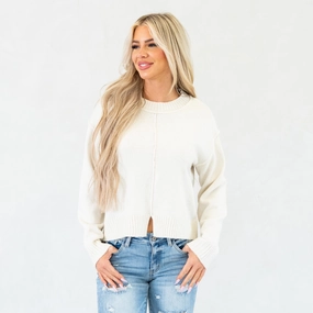Hem & Thread Ivory Whisper Front Slit Sweater Cozy Layers