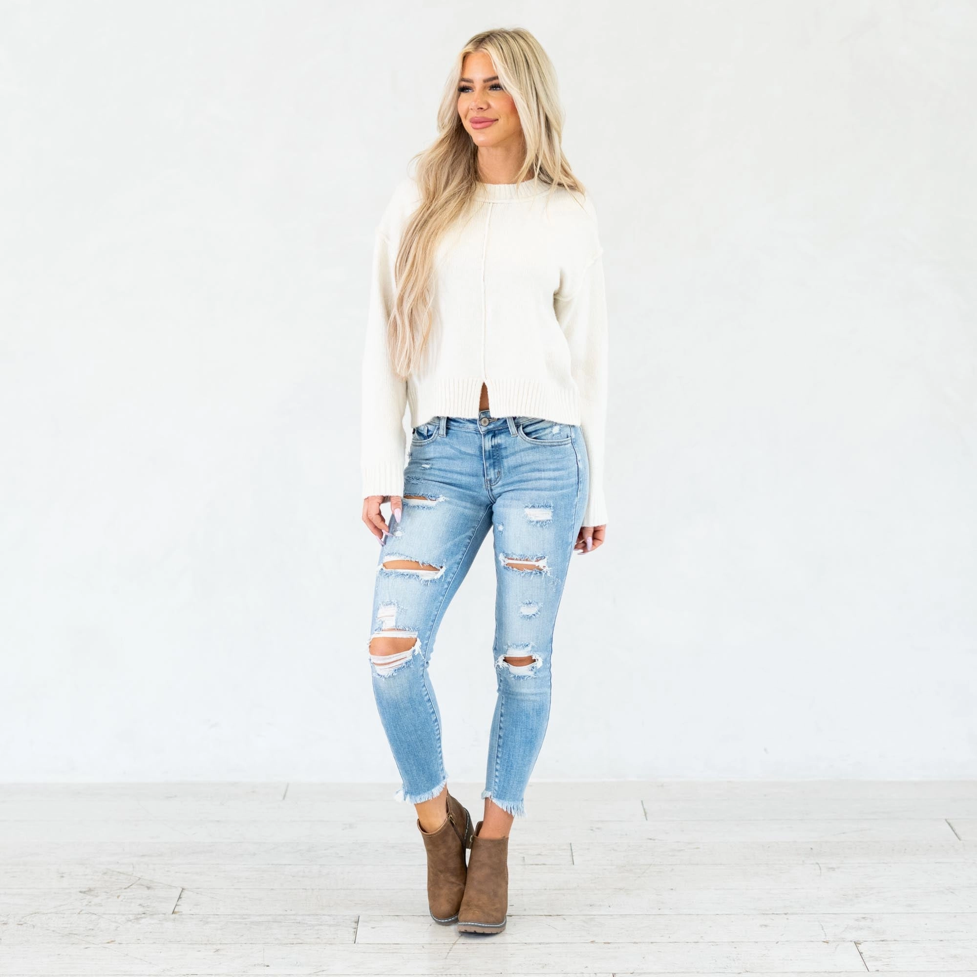 Hem & Thread Ivory Whisper Front Slit Sweater All-Day Knitwear