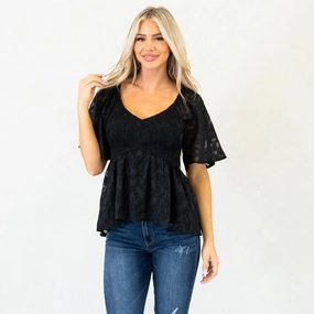 Hem & Thread Midnight Charm Smocked Peplum Top Black Weekend Casual
