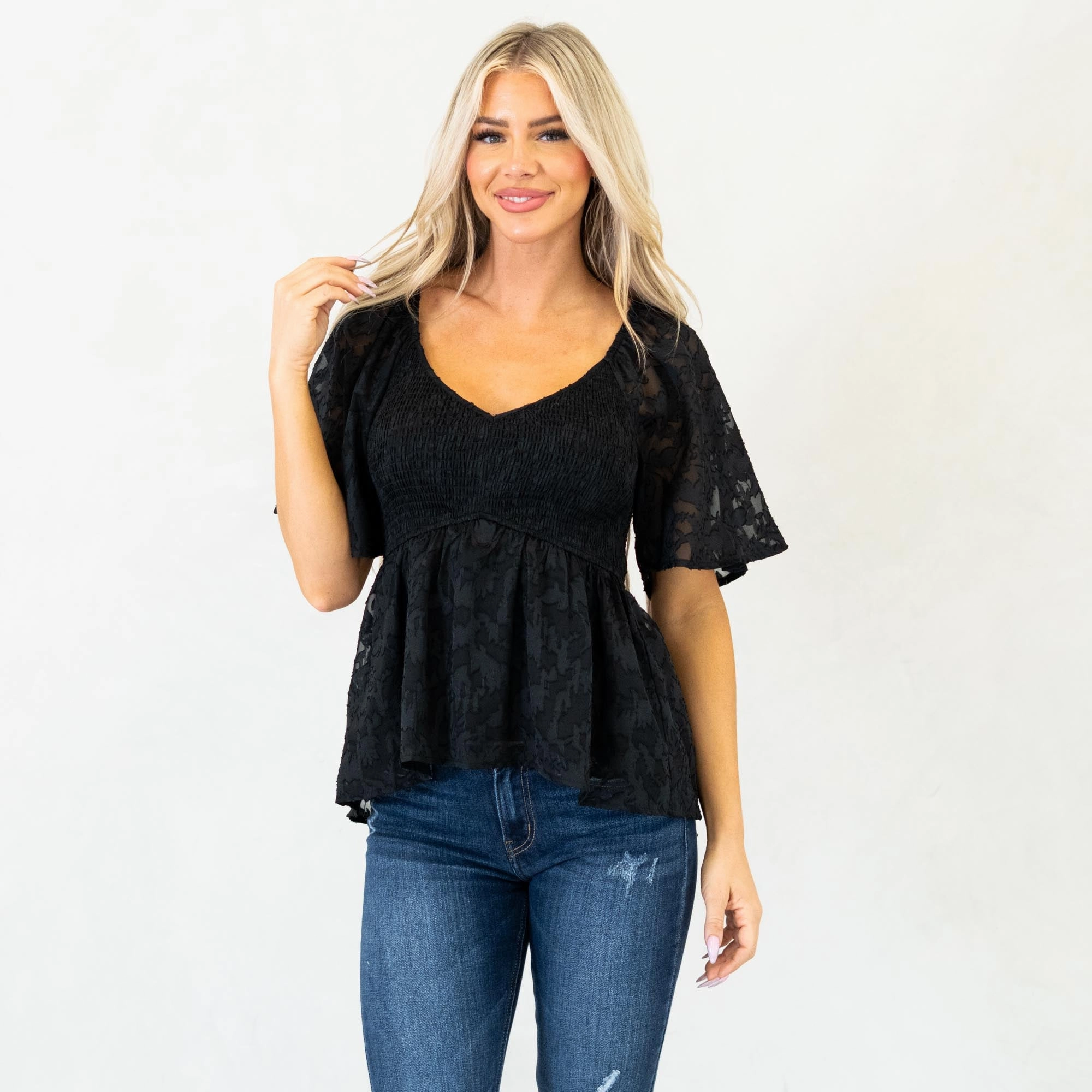 Hem & Thread Midnight Charm Smocked Peplum Top Black Weekend Casual