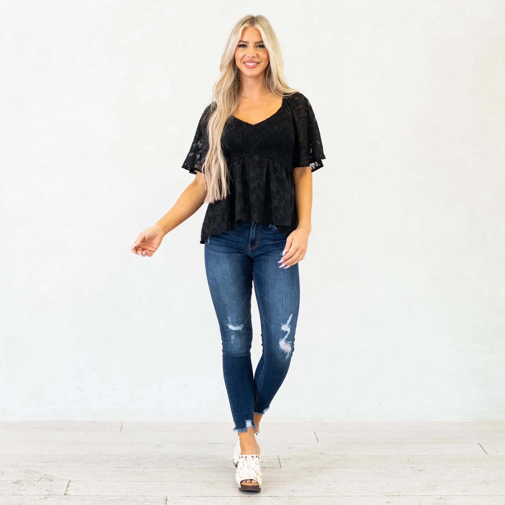 Essential Wardrobe Hem & Thread Midnight Charm Smocked Peplum Top Black