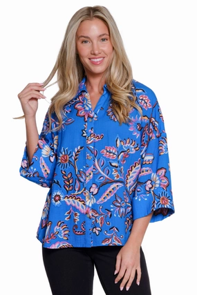 Bonded Seam Innovation NonChafingTrim Floral Print Dolman Sleeve Top - French Blue