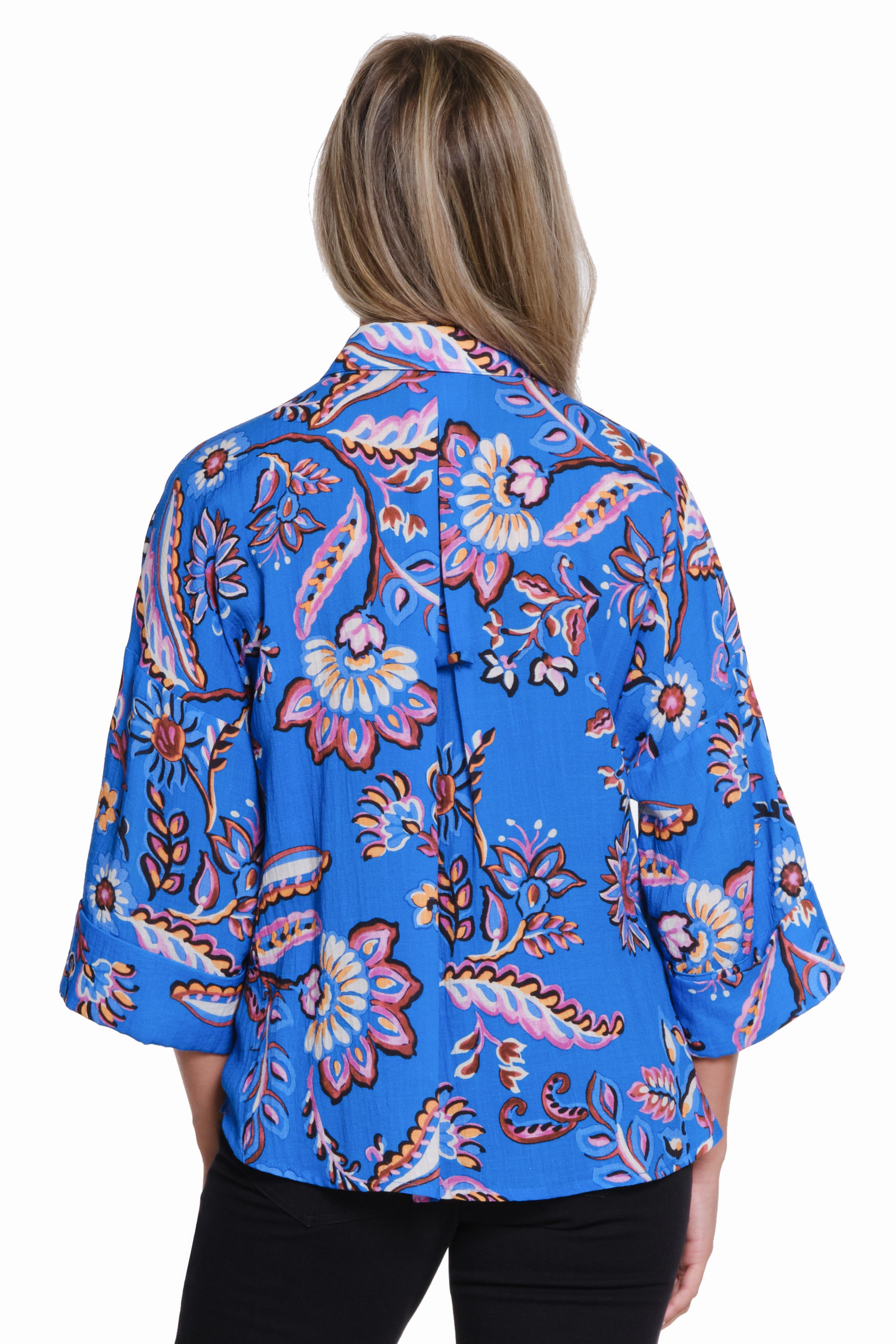 Soft Touch Feel Fun Design Floral Print Dolman Sleeve Top - French Blue
