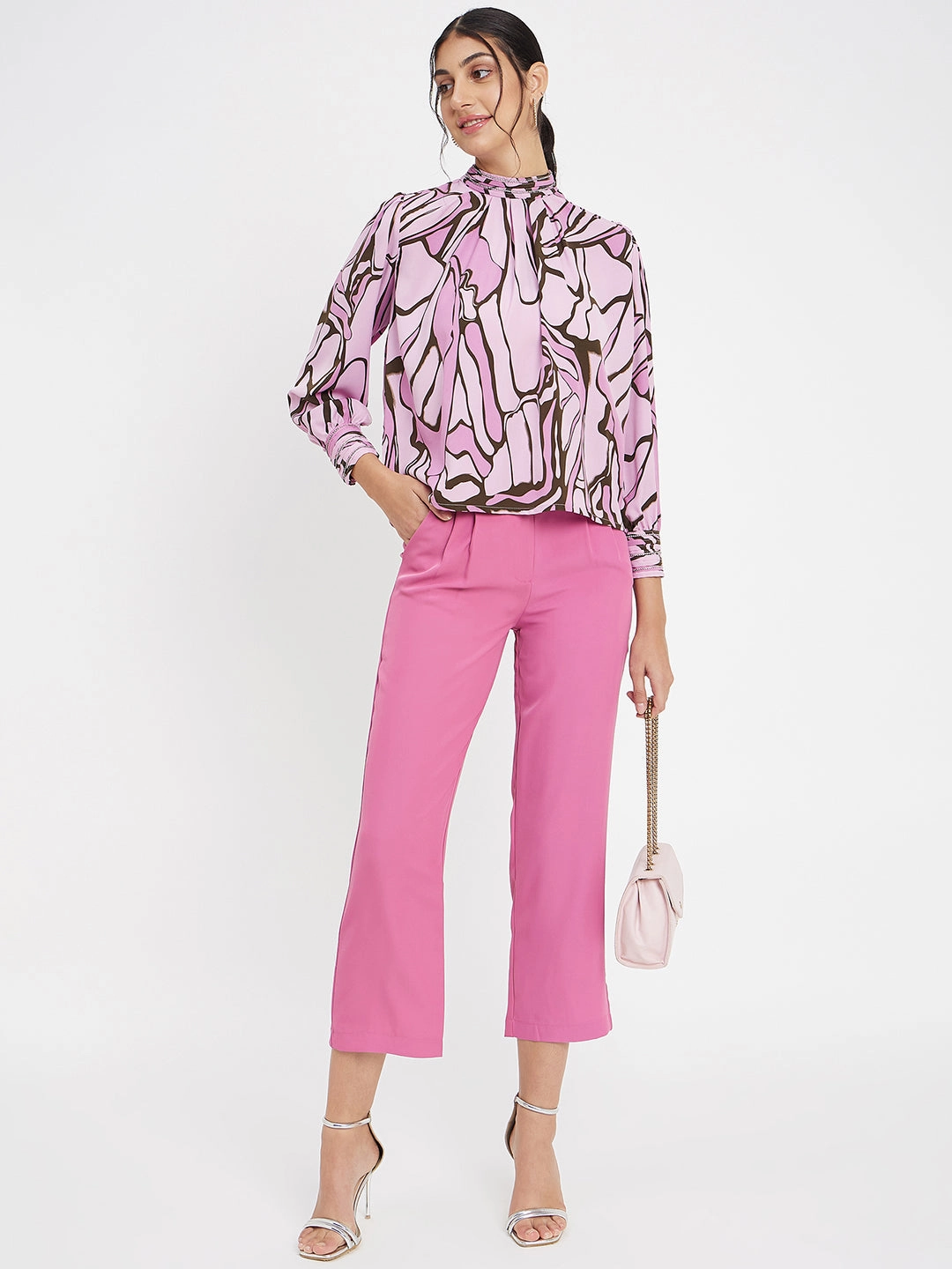 FrayResistant Fabric Madame Embellished Butterfly Print Mock Neck Mauve Top