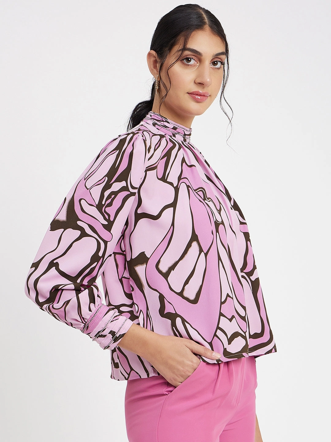 MultiFunctional Pocket Placement Breathable mesh Madame Embellished Butterfly Print Mock Neck Mauve Top