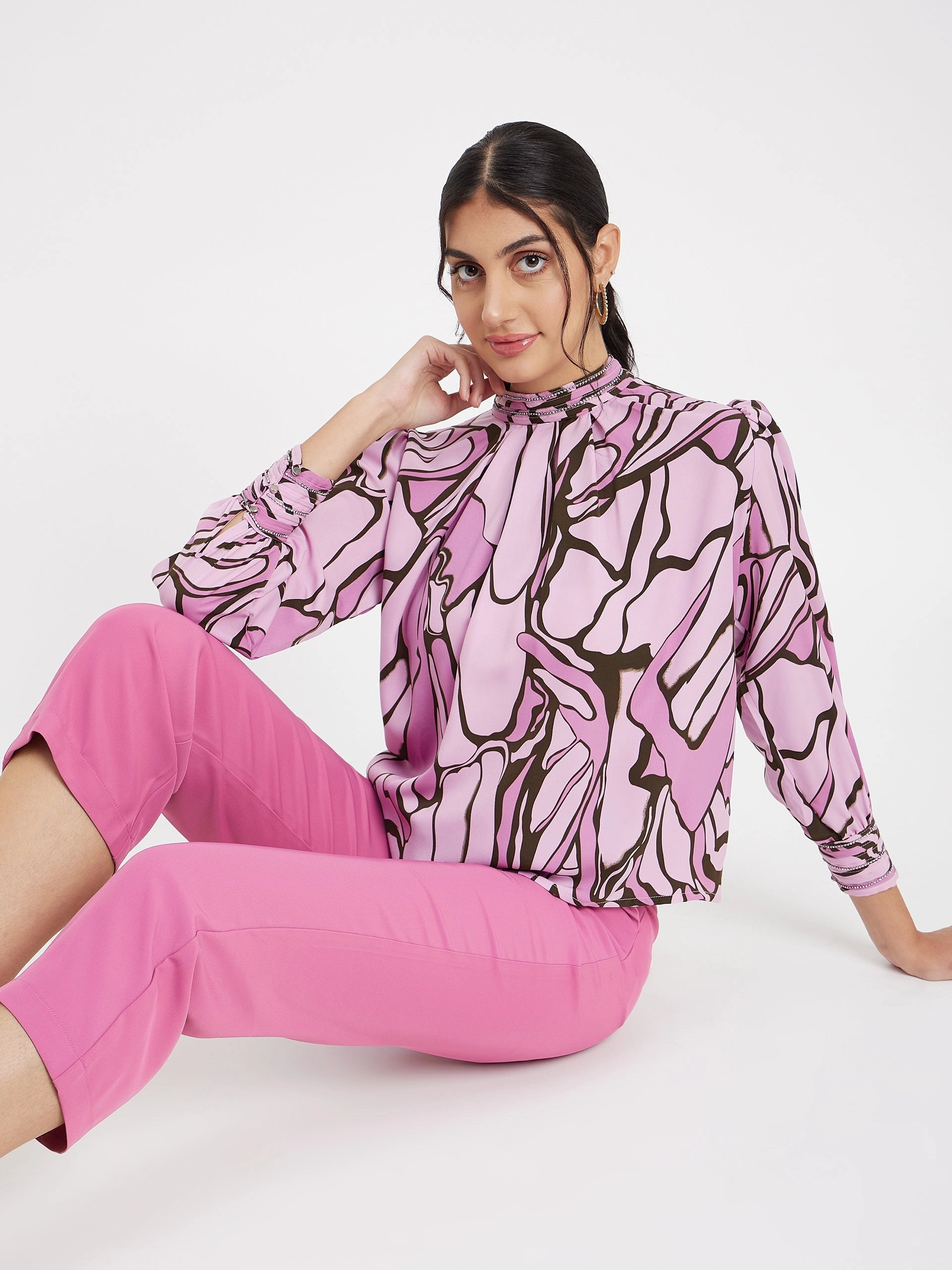 Madame Embellished Butterfly Print Mock Neck Mauve Top DurableReinforcement Sun Protection Fabric