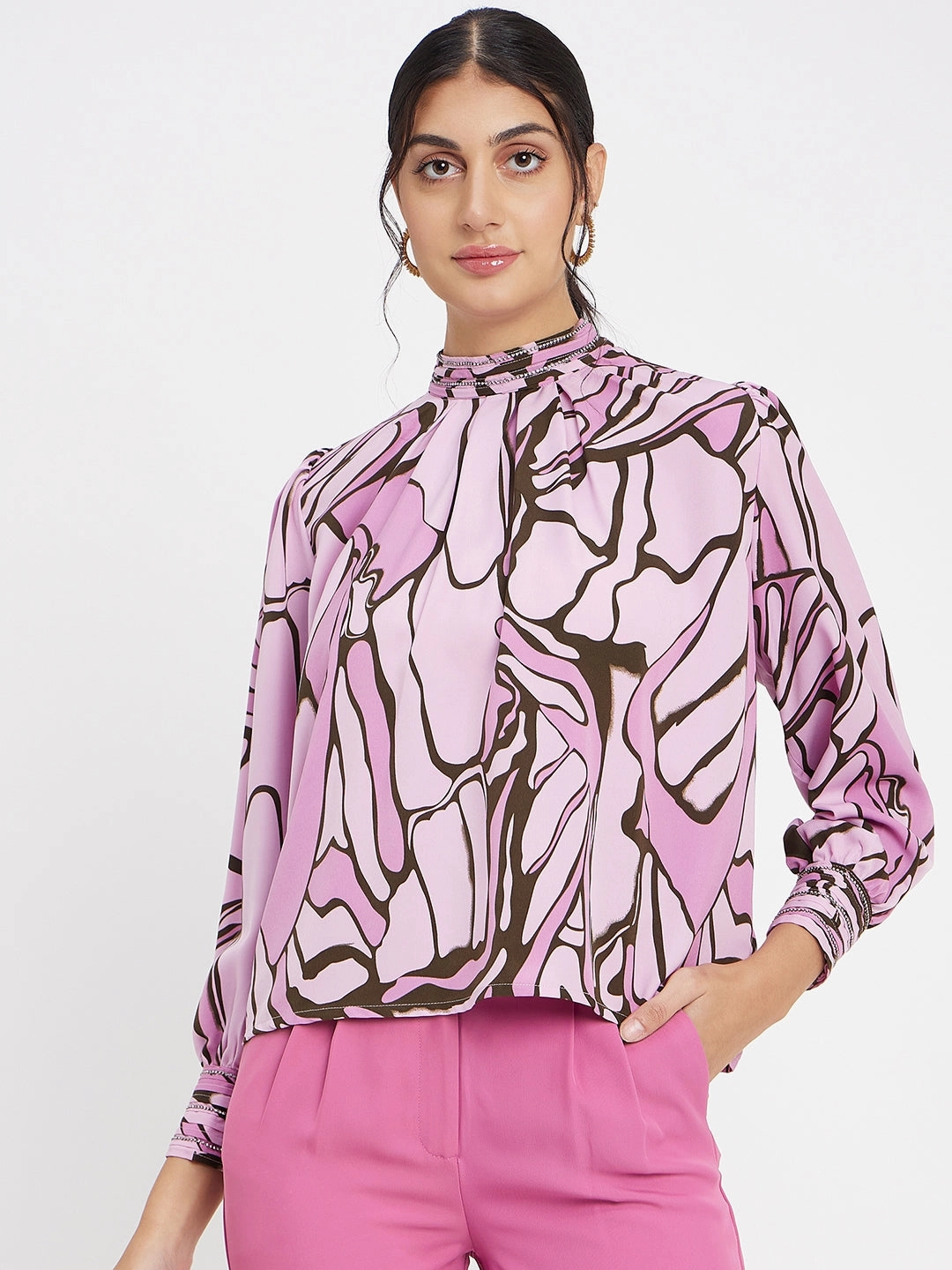 Reflective Safety Accents AdjustableHemCuffs Madame Embellished Butterfly Print Mock Neck Mauve Top